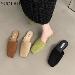 SUOJIALUN 2024 Autumn Women Flat Shoes Fashion Round Toe Slip On Mules Shoes Soft Flat Heel Outdoor Casual Dress Sandal Shoes