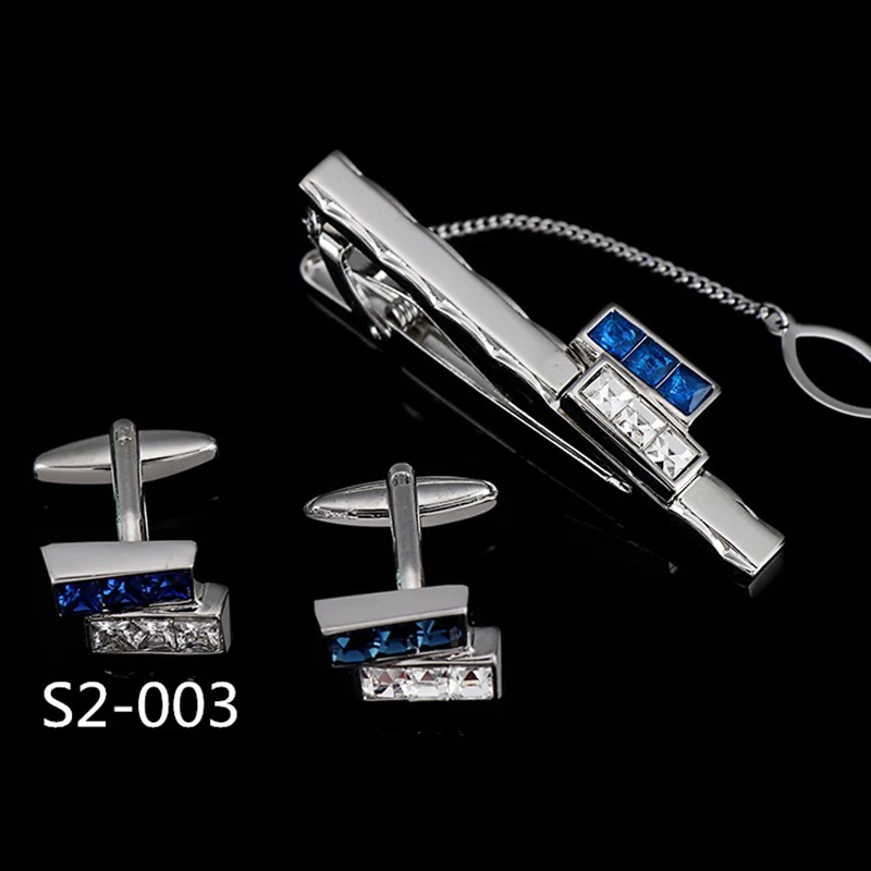 Men\'s French Cufflinks Tie Clips Set Luxury Tie Pins For Mens Suit Accessories Tie Bars Cuff Links Set Crystal Wedding Jewelry