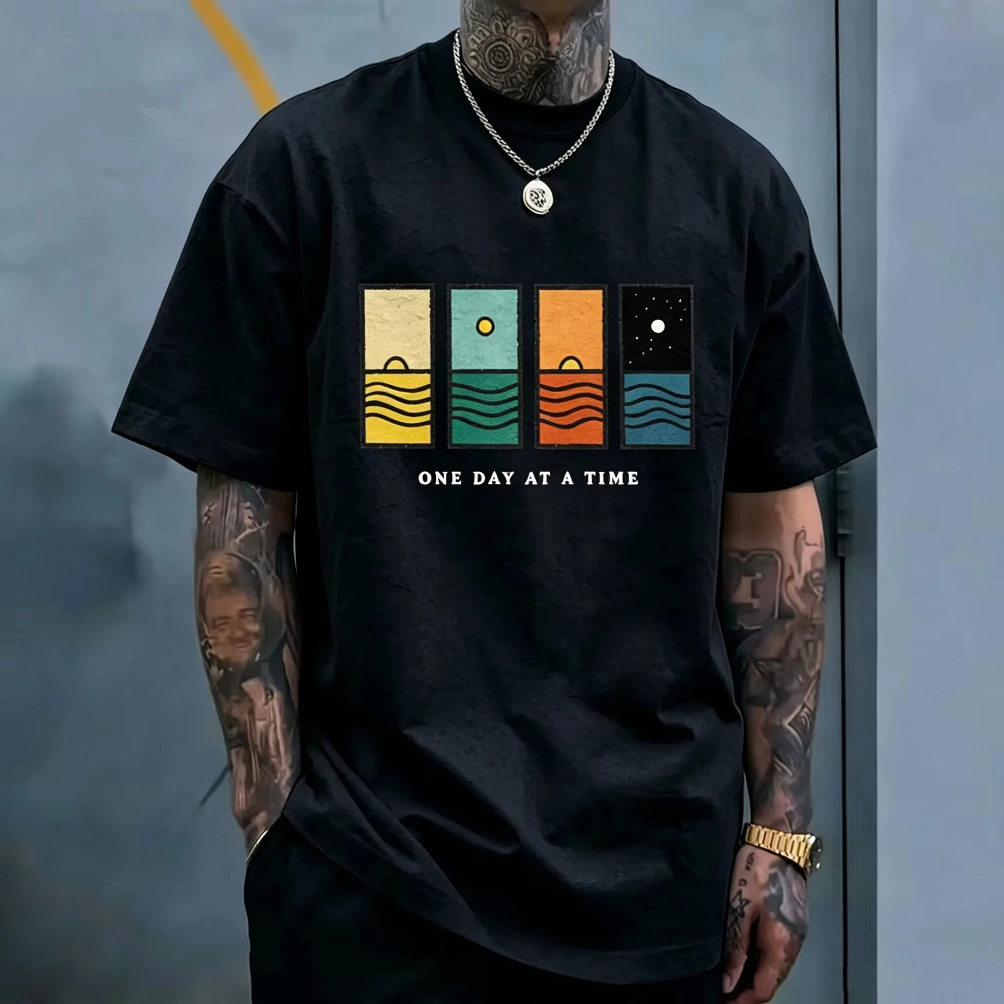 Abstract Sunset Ocean Graphic Tees Men One Day At A Time Slogan Oversized Loose Short‑Sleeve Cotton Casual Streetwear T‑Shirts