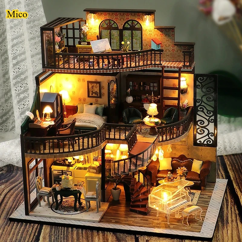 

DIY Wooden Miniature House 3D Puzzle Model with Furniture & Lights Tabletop Decoration for Home & Office