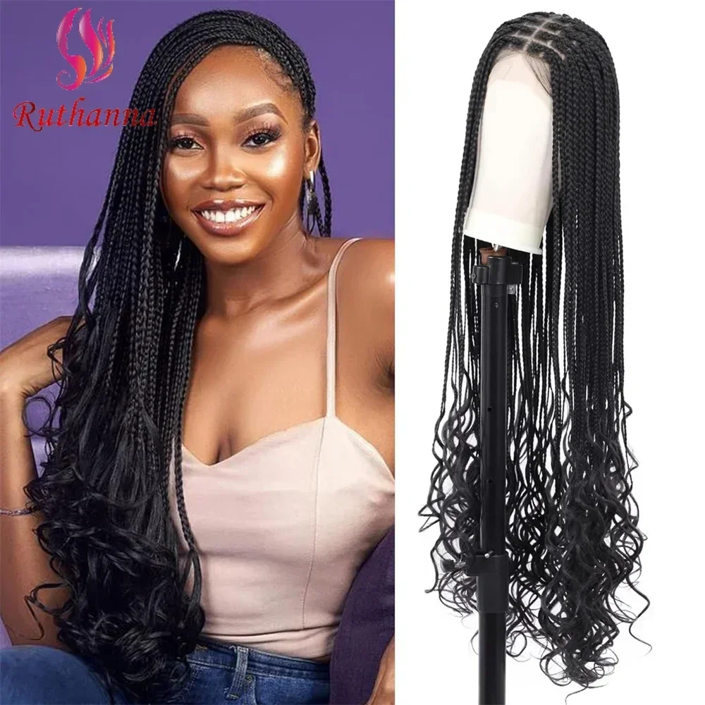 Box Braided Full Lace Wigs Synthetic 3x Twist Braids Tail Curl Wig  For Black Women 36 Inch Crochet Hair Afro Dreadlocks Wig