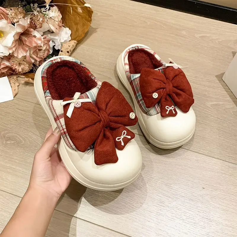 

New Fashion Lolita Cotton Slippers Youth Girls Winter Home Shoes Women Warm Plaid Clog Slipper Woman Platform Plush Slides Shoes