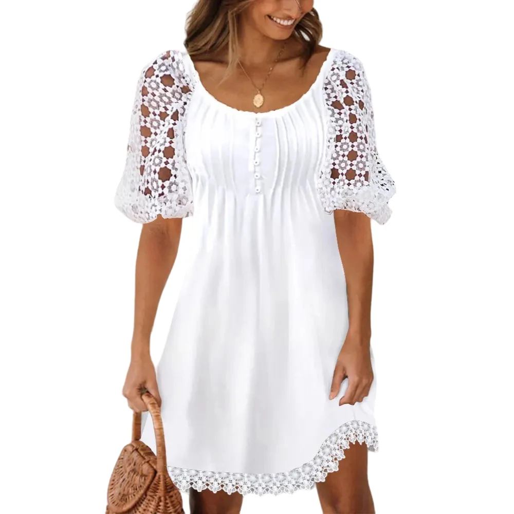 Summer New Casual Street Dress Floral Lace Half Sleeve Pleated Dresses Solid Color O-Neck Button Loose Waist Elegant Party Dress