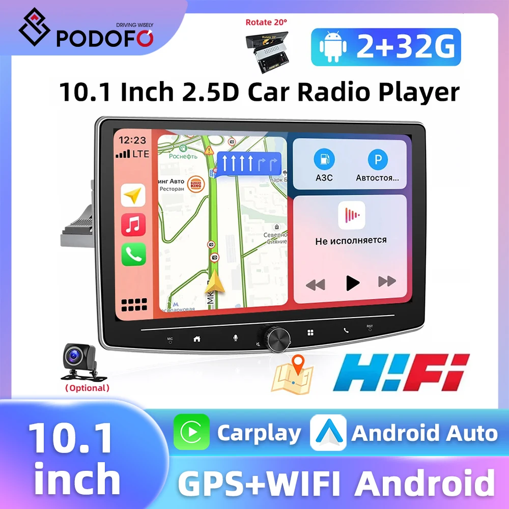 Podofo 10'' 1din Car Stereo Radio Carplay Android Auto HiFi 1080P Bluetooth WIFI GPS Navigation FM Receiver Multimedia Player