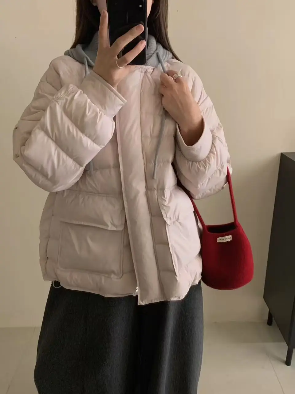 XF765 الخريف/الشتاء 25 الملابس النسائية الجديدة الكورية محبوك مقنعين أسفل سترة تصميم الشعور الصغيرة الأبيض بطة أسفل معطف #4