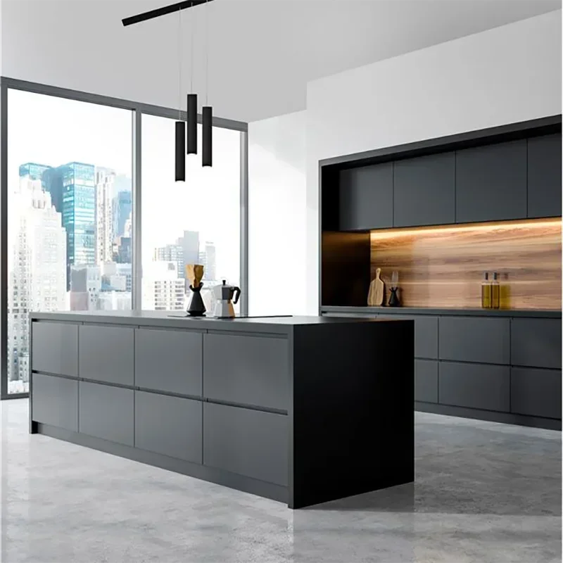 Foshan Modern Acrylic Modular Walnut Wood Color American Kitchen Cabinet Led Light Pvc Matt Grey Black Lacquer Kitchen Cabinets