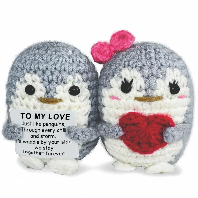 

Handmade Crochet Positive Couple Penguin Doll with Card Emotional Support Home Room Decor Figurines Birthday Valentine Day Gifta