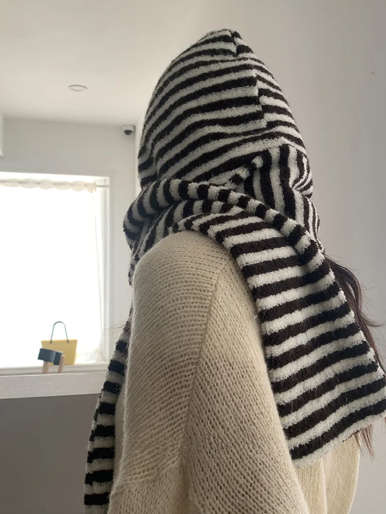 قبعة وشاح دافئة متكاملة لتدفئة الرقبة للنساء، مناسبة لركوب الدراجات في الشتاء، بتصميم كوري أنيق مقاوم للرياح