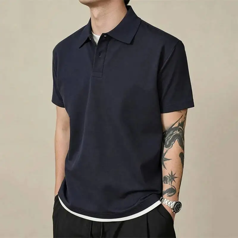 Men's Summer Casual Navy Blue T-shirt Casual Turn Down Collar Loose Pullover Tops CDR5