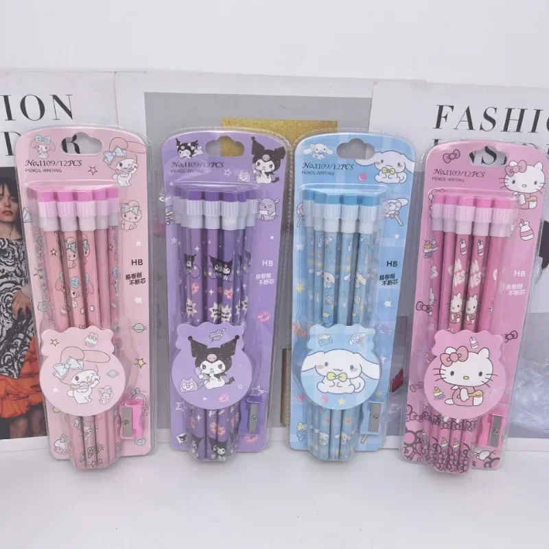 

12Pcs Sanrio Hello Kitty Pencil with Pencil Sharpener Cute Cartoon Kuromi Cinnamoroll School Supplies Stationery Children Gifts