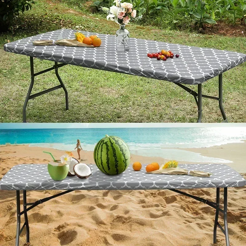 Folding Elastic Fitted Vinyl Waterproof Tablecloth Flannel Backing Rectangle Table CoverTable Wipeable TableCloth Outdoor Party