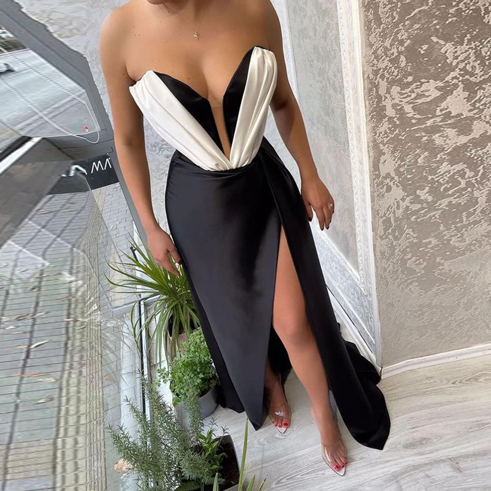 

Angelsbridep 2 STORE Off The Shoulder Prom Party Dresses High Split Robe De Soiree Black White Evening Gowns Long Celebrity