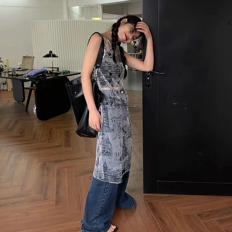Mesh Midi Dress Women Streetwear Thin Summer New Fashion Hotsweet Girls Side Slit Loose Long Sleeve Korean Style Chic Gentle