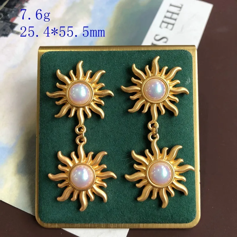 French Vintage Gold-colour Sun Moon Pendant Necklace, Earstuds, Earclips