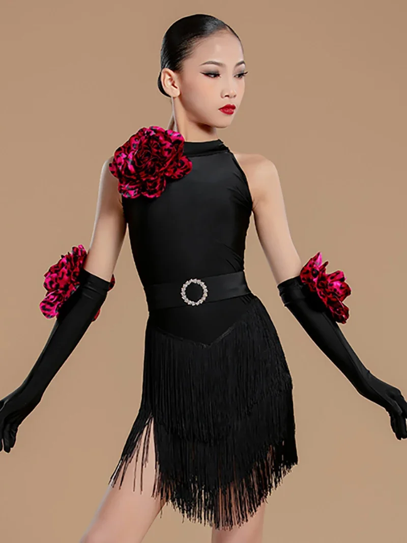 Black Kids Girls Latin Dance Competition Sleeveless Tassels Performance Dress Bodysuit and Skirts Professional Christmas Costume