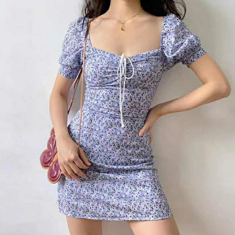 

Square Neck Collar Floral Print Dress Mini Dress Soft Polyester Puff Sleeve Short Dress Women Fairy Sweet Club Party Sexy Skirt