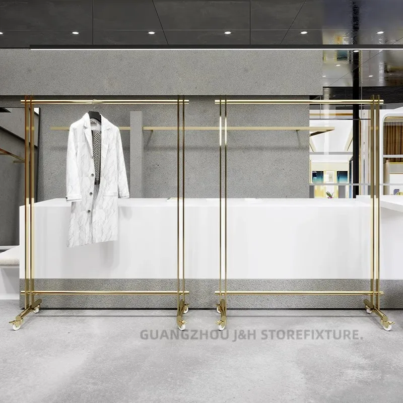 Landing Cloth Store Display Shelf Rolling Caster Single Hang Rail Rack Mobile Retail Merchandiser Display Rack