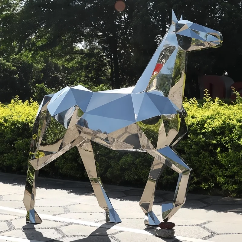 Large outdoor landscape stainless steel geometric-shaped horse-shaped animal sculpture for hotel interior ornaments