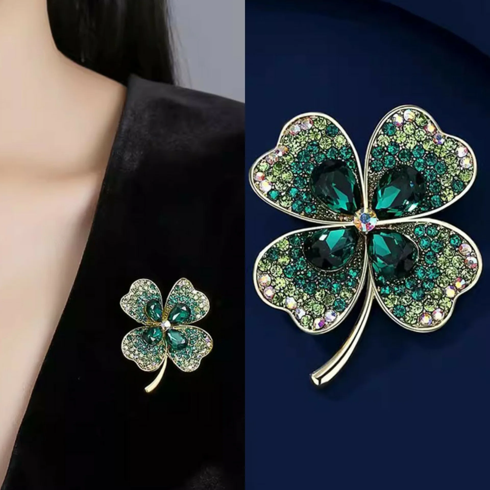 Luxury Crystal Four-leaf Clover Brooches for Women Men Rhinestone Plant Corsage Lapel Pins Clothing Wedding Party Jewelry
