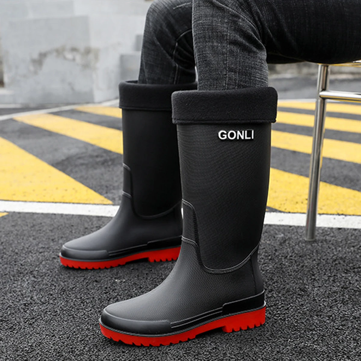 Zapatos de lluvia largos para hombre, botas de goma impermeables con cordón, forro acolchado extraíble antideslizante, ropa de trabajo diaria cálida de talla grande