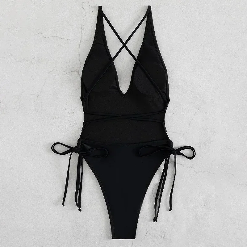 European and American solid color lace up V-neck bikini women 2025 new high waisted beach hot spring one-piece swimsuit