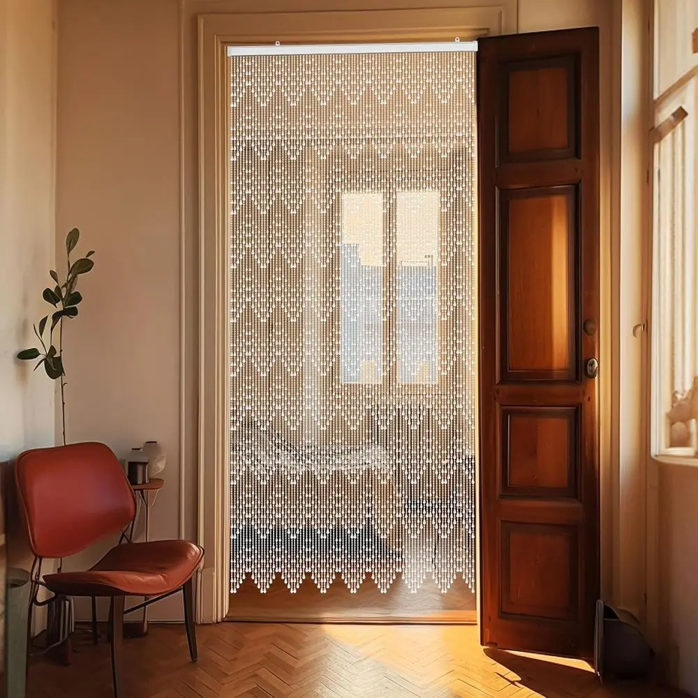 Tirai Manik-manik Pola Gelombang Akrilik Putih, 35,5 x 79, 81 Untai, Pembatas Ruangan Jendela Pintu