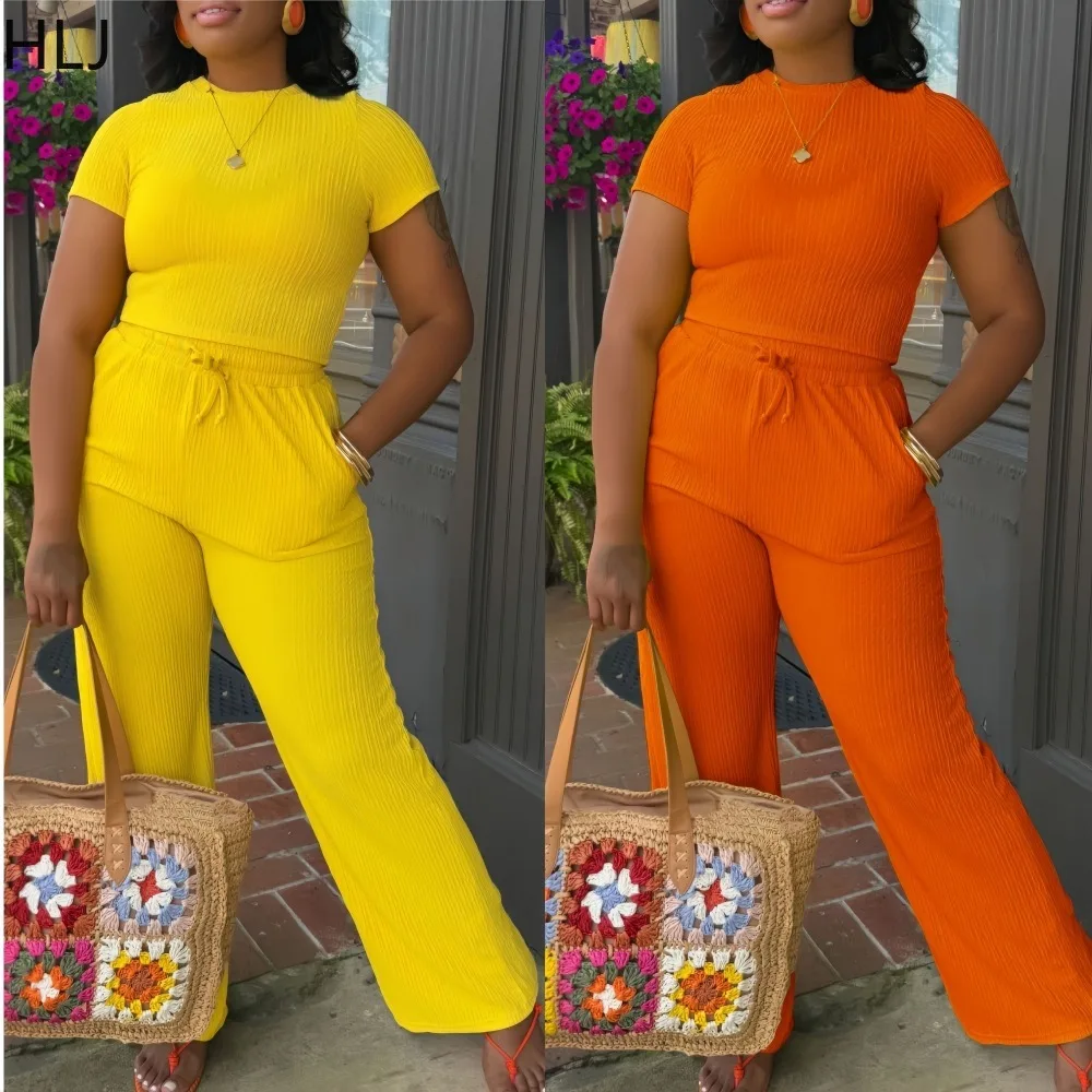 HLJ Casual Ribbing 2 Piece Sets Woman Outfit Sleeveless Ruched Patchwork Crop Top and Pants Suits Female Streetwear 2025 New