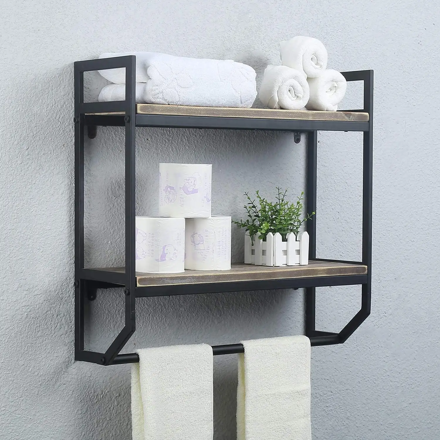 

2-Tier Black Towel Rack with Shelves, Wall Mounted Bathroom Storage Over Toilet, Rustic Floating Utility Holder