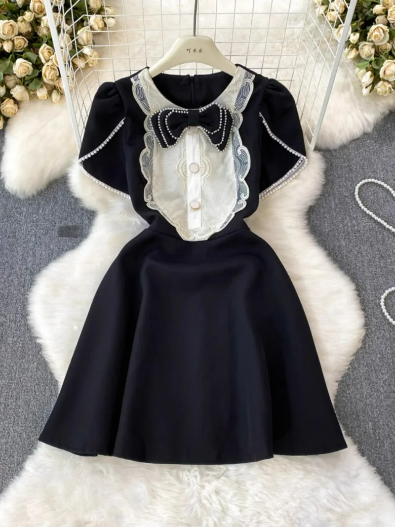 

Y2k Vintage French Court Style Age Reducing Vestido O Neck Beading Bowknot Sweet Robe Femme Chic Buttons Mesh Patchwork Dresses