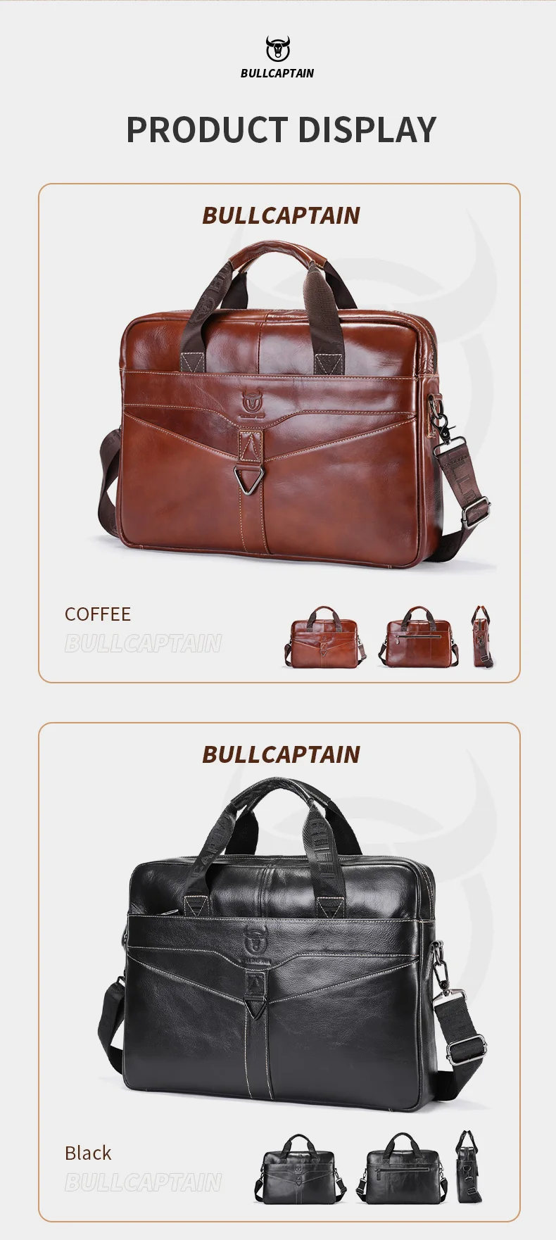 BULLCAPTAIN Men's Genuine Leather Briefcase Shoulder Bag 15 Inch Laptop Case Men's Briefcase Classic Office Business Handbag