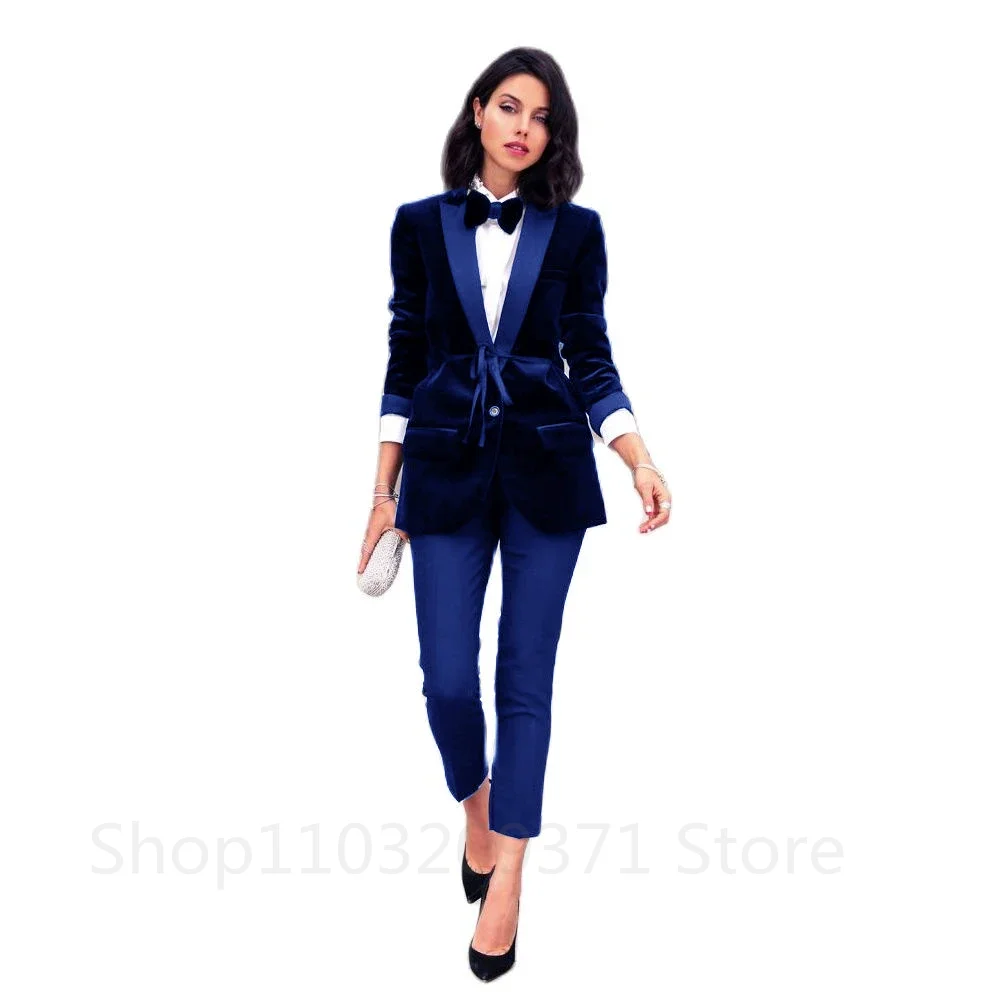 2 Pieces Velvet Plus Size Women Prom Peaked Lapel Lady Office Tuxedos For Wedding Guest Wear Slim Fit Evening Formal Blazers