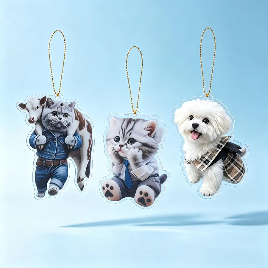 Cute Cat Dog Acrylic Hanging Ornament Cartoon Pet Pendant for Car Rearview Mirror Bag Decoration Keychain Accessory Gift