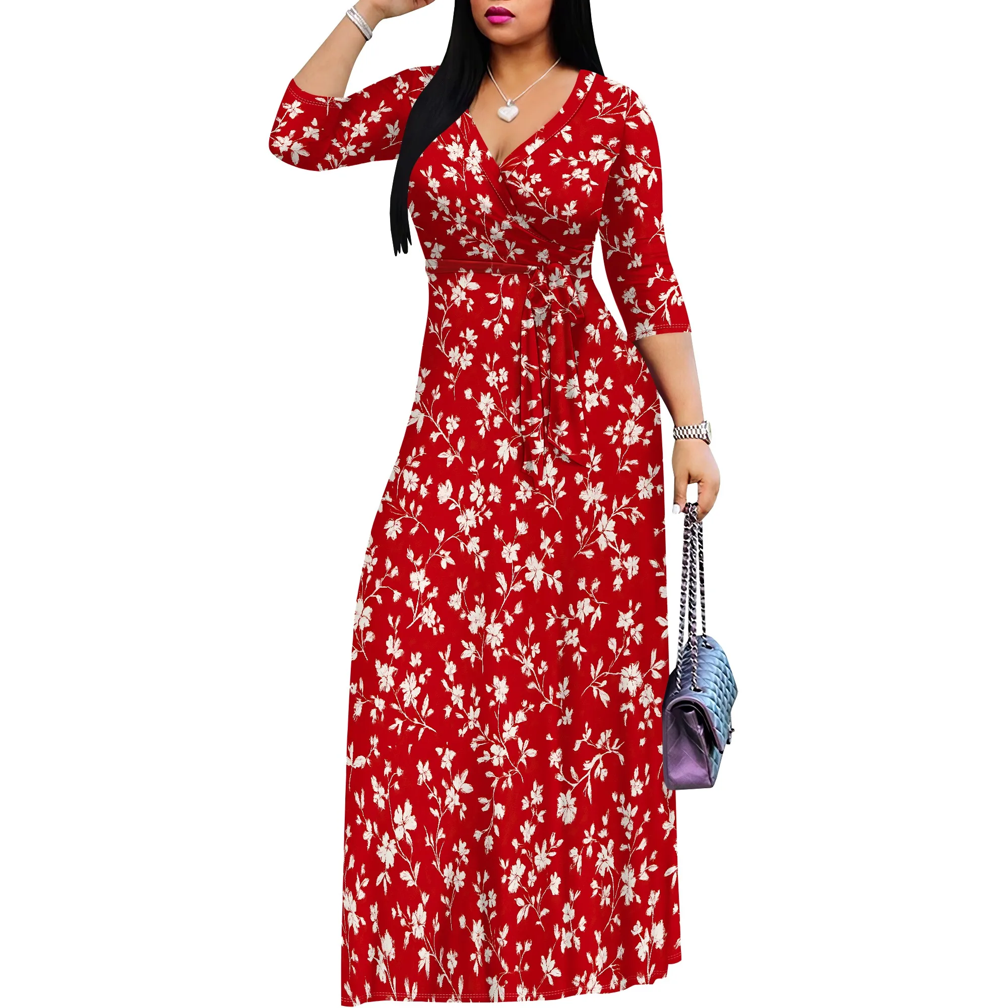 Womens Sundress Summer Floral Short Sleeve Wrap V Neck A-Line Midi Dress