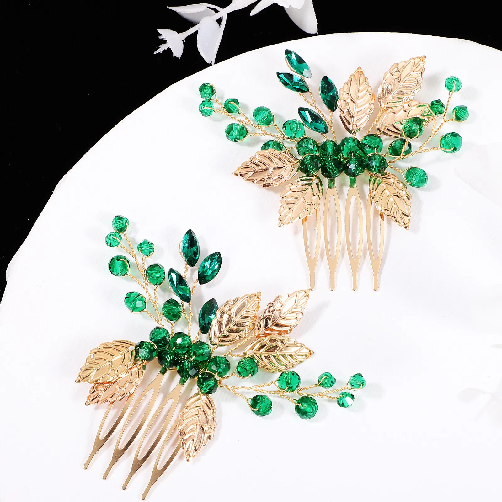 

Набор из 2-х премиальных расчесок для волос из сплава с блестящими стразами и узором в виде золотых листьев, элегантные женские заколки-гребни для волос для свадьбы и годовщины