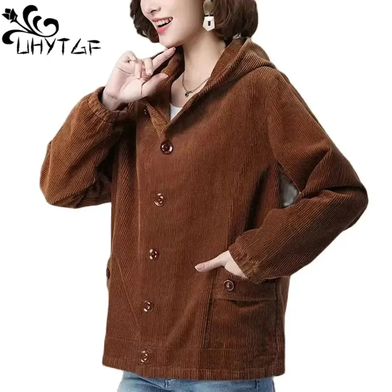 Corduroy Hooded Jacket Women Fashion Pocket Single Breasted Autumn Winter Coat Female Korean Loose 5XL Large Size Outerwear 2853