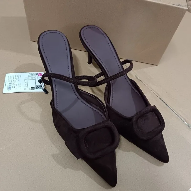 

Classic Square Buckle Women Pumps Retro Brown Faux Suede Pointed Toe Office Slingbacks Brand Designer Ladies High Heels Shoes