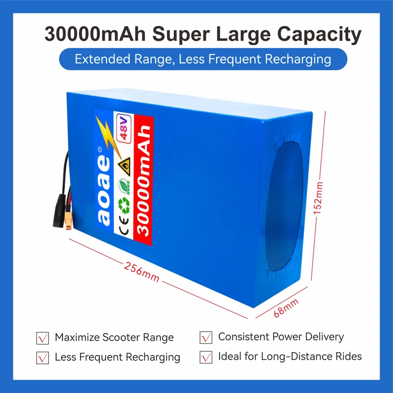 48V Electric Scooter Battery 13S8P 30Ah 18650 Grade-A Cells 2000W Built-in BMS XT60 JST High Capacity Rechargeable Stable Power