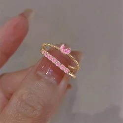 Pink White Rhinestones Heart Rings for Women Index Finger Twist Metal Golden Silver Color Open Ring Charms Jewelry Gift