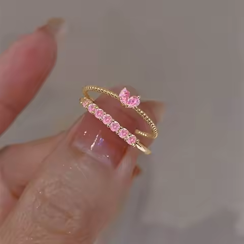 Pink White Rhinestones Heart Rings for Women Index Finger Twist Metal Golden Silver Color Open Ring Charms Jewelry Gift
