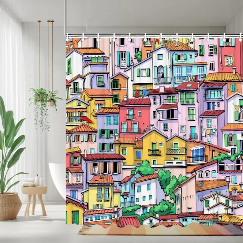 

Shower Curtain, Old town France Theme Shower Curtain, Bath Shower Curtain, Waterproof shower curtain with C-shaped hooks