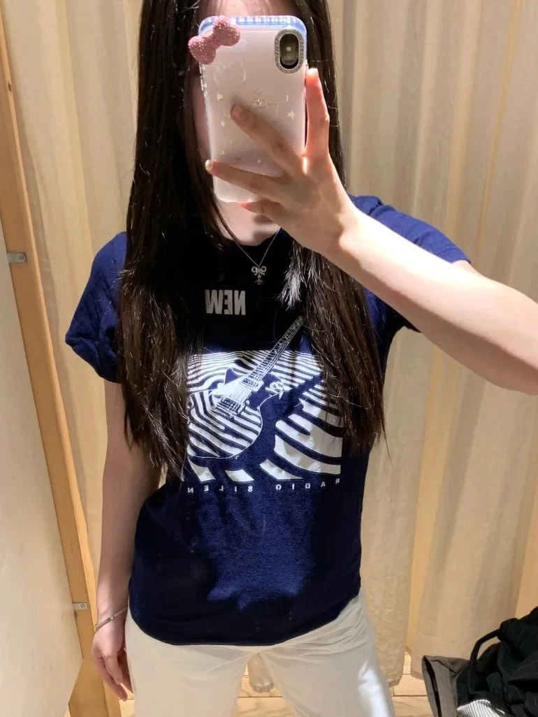 

Letter Embroidery Slim Navy T-shirts Women Summer Casual O-neck Short Sleeve Tee Vintage Preppy Style Cotton Tshirt Y2K Tops New
