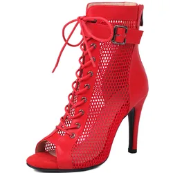 Sexy Ankle Boots For Women Shoes Lace-up Hollow Peep Toe Black Red High Heels Jazz Dance Party Shoes Female Large Size 45 44