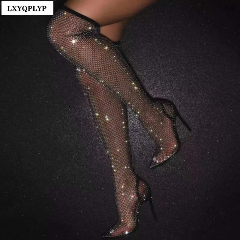 High-heeled long thighs over the knee net red rhinestone mesh hot sexy fashion trend nightclub party summer new ladies boots