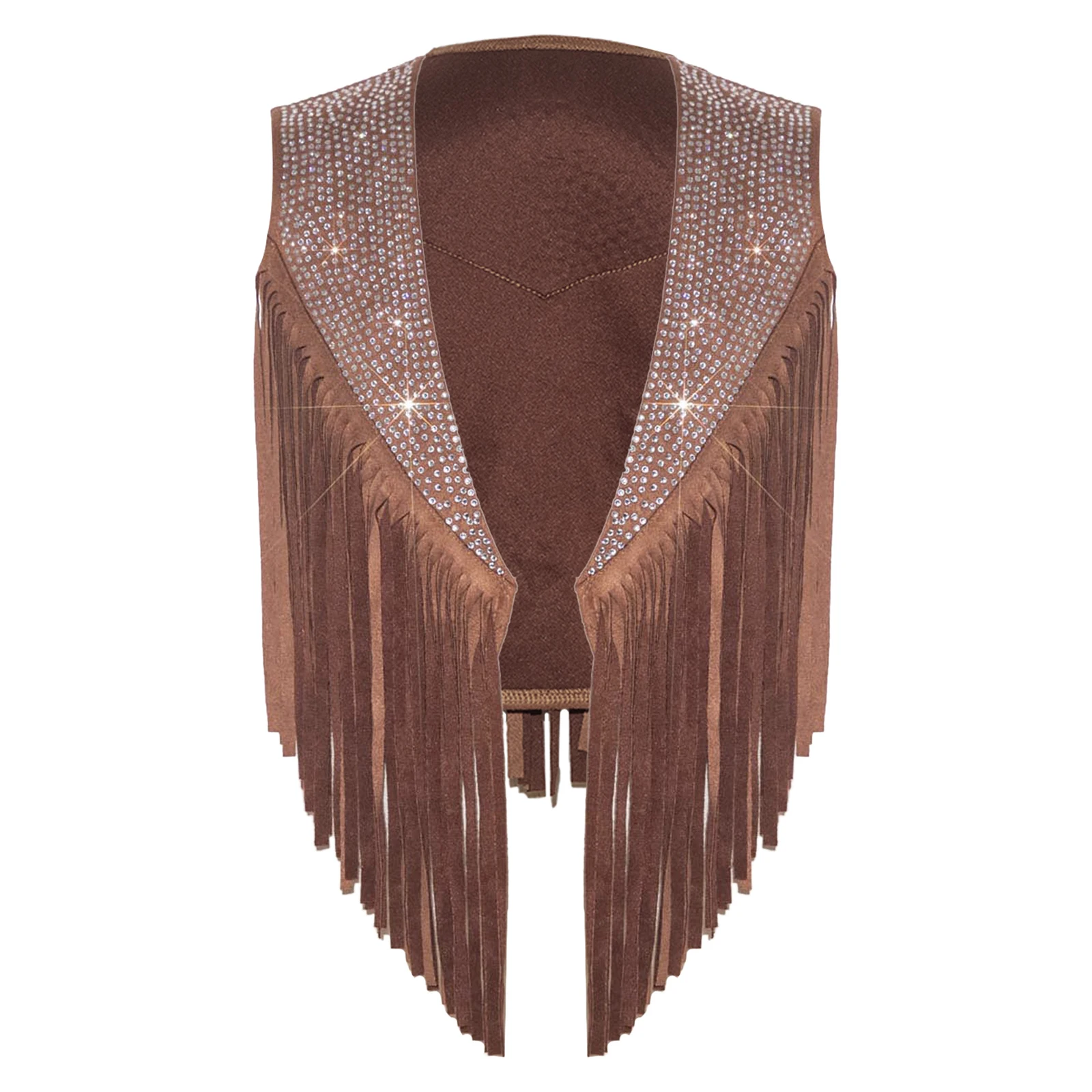 Kids Girls Tassels Shiny Rhinestones Open Front Jazz Dance Vest Waistcoat Halloween Carnival Theme Party Western Cowgirl Costume