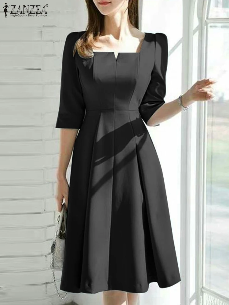 ZANZEA Fashion Summer Dress Women Half Sleeve Square Collar Sundress Elegant Party Vestido Casual Solid OL Work Dresses Robe