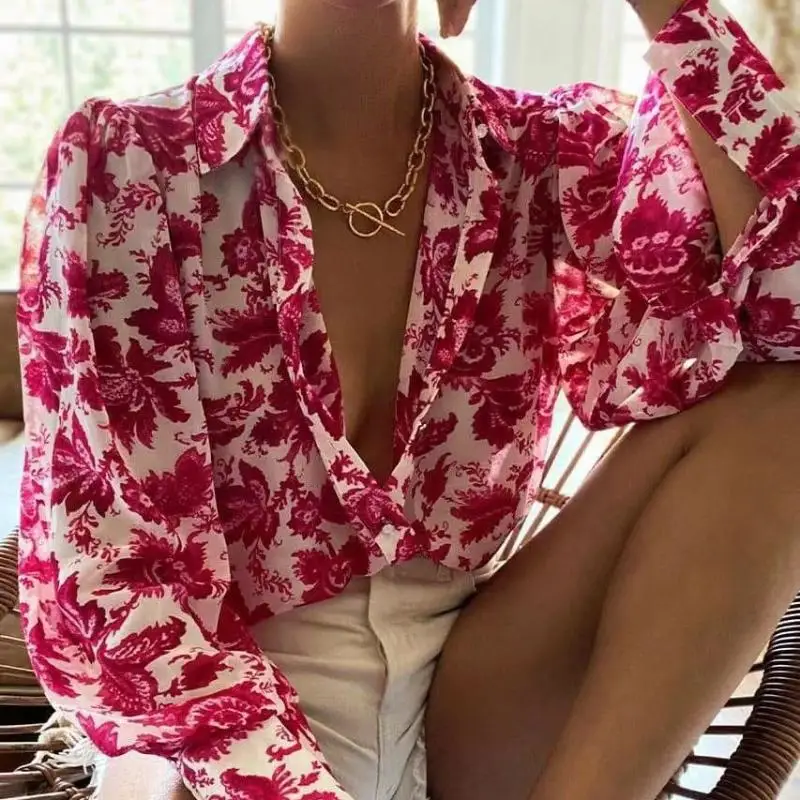 Stylish Long Sleeve Floral Print Chiffon Shirts Women Elegant Loose Blouse Women Button Up Casual Lady Blouses Vintage Tops 8638