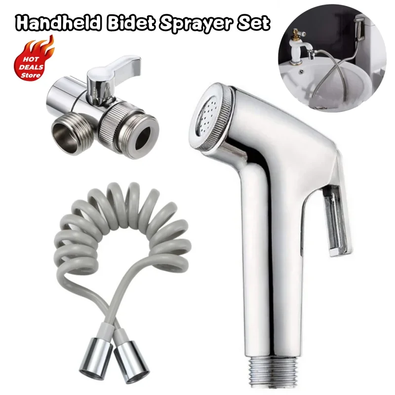 Portable Handheld Bidet Sprayer Set with 1.5M Telephone Shower Hose Spray Gun Switch Faucet Adapter,Toilet Showerhead Nozzle Kit