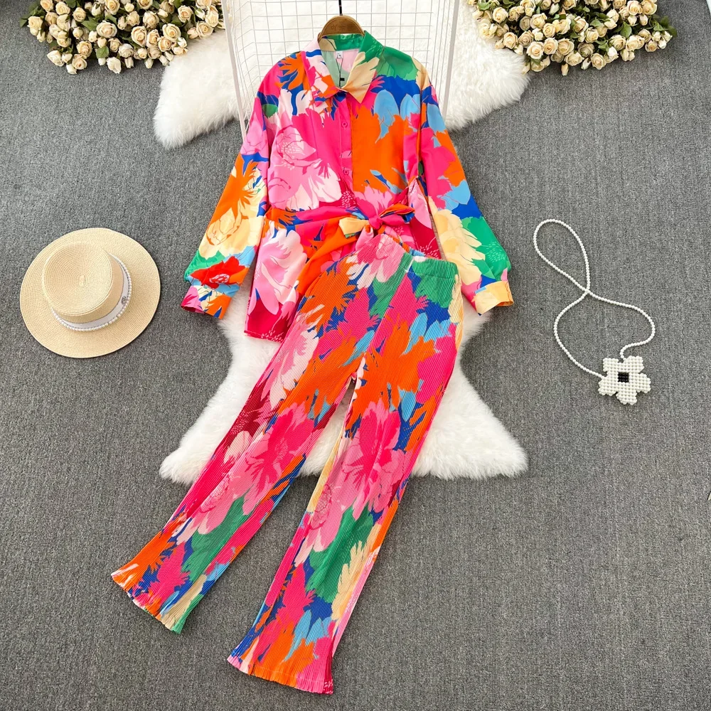 Women Pajamas Set Loose Tie-dyed Trousers Suit Vintage Shirts Blouses Wide Leg Pantsuit Female Fashion Boho 2 Pieces Outfits