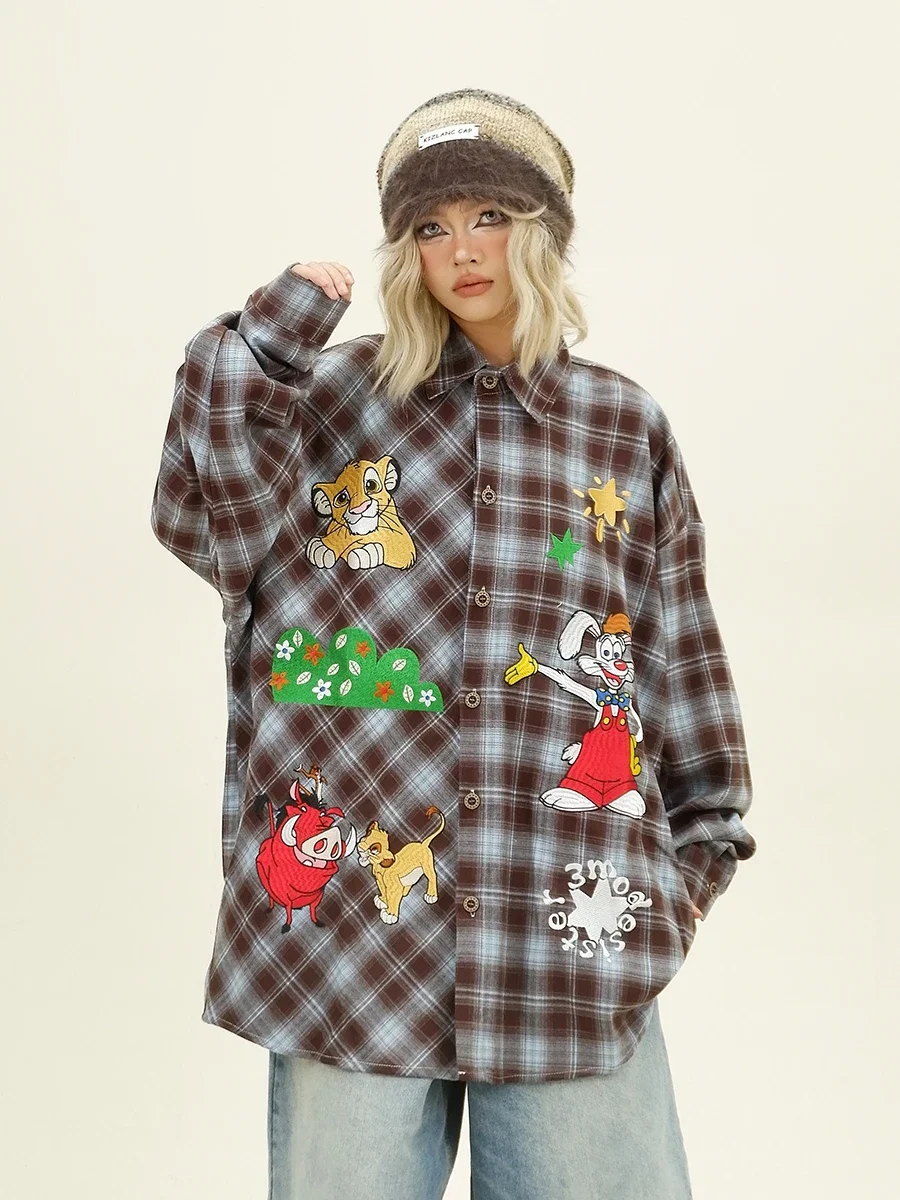 Creative Cartoon Plaid Long-sleeved Shirt Women\'s 2024 Autumn New Loose Bf American Retro Top Trendy