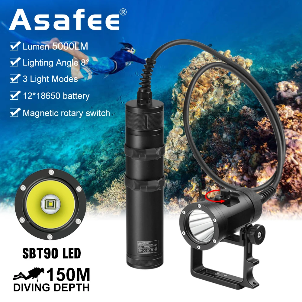 Asafee 150M Underwater 5000LM SBT90 LED Lamp Diving Flashlight IPX8 Waterproof Scuba Torch Built-in 12Pcs Battery Lantern